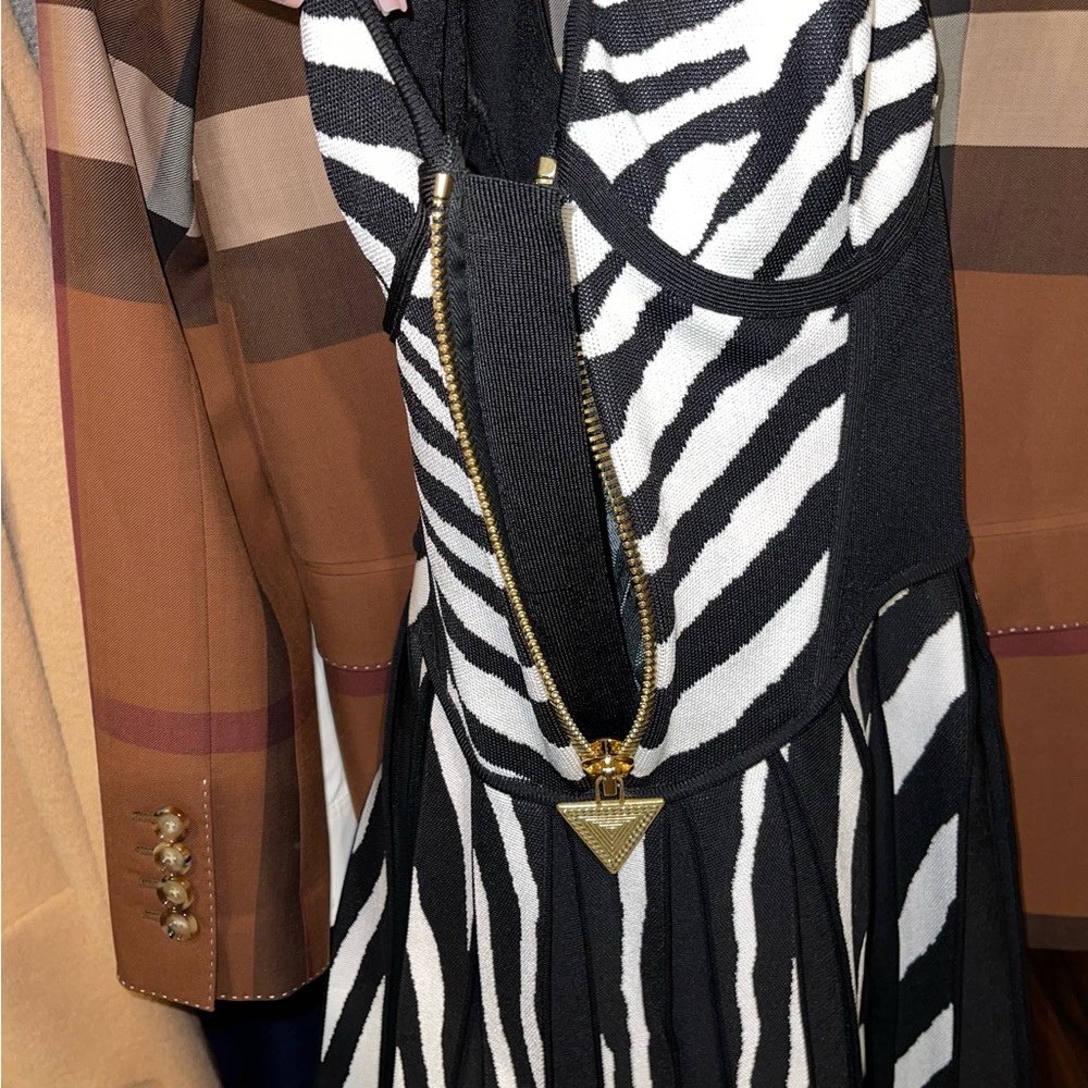 Balmain Zebra Jacquard Zip Embellished Ribbed Knit Halter Gold Button Mini Dress - Picture 10 of 17